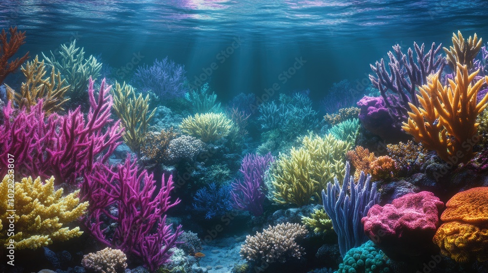 Obraz premium Vibrant Underwater Coral Reef with Sunbeams