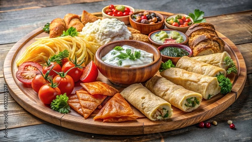 A Rustic Wooden Platter Filled with an Abundance of Savory Delights, Featuring a Variety of Appetizers, Sides, and Dips, Perfect for Sharing with Friends and Family