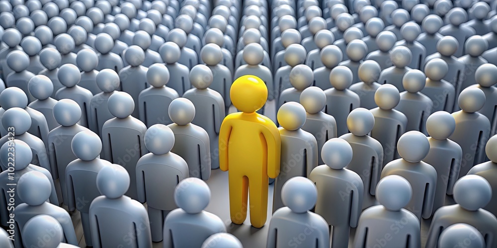 Fototapeta premium A solitary yellow figure stands out amongst a crowd of gray figures, symbolizing individuality, uniqueness, and standing apart.
