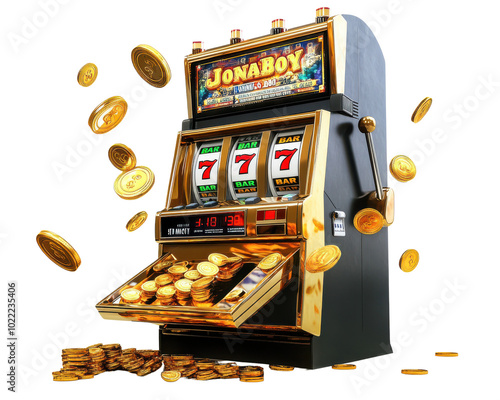 Classic slot machine with coins spilling out, white isolated background