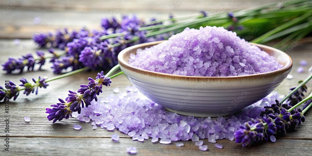 Aromatic Lavender and Purple Salt Crystals in a Bowl for Relaxation and Wellness Aromatic Lavender and Purple Salt Crystals in a Bowl for Relaxation and Wellness