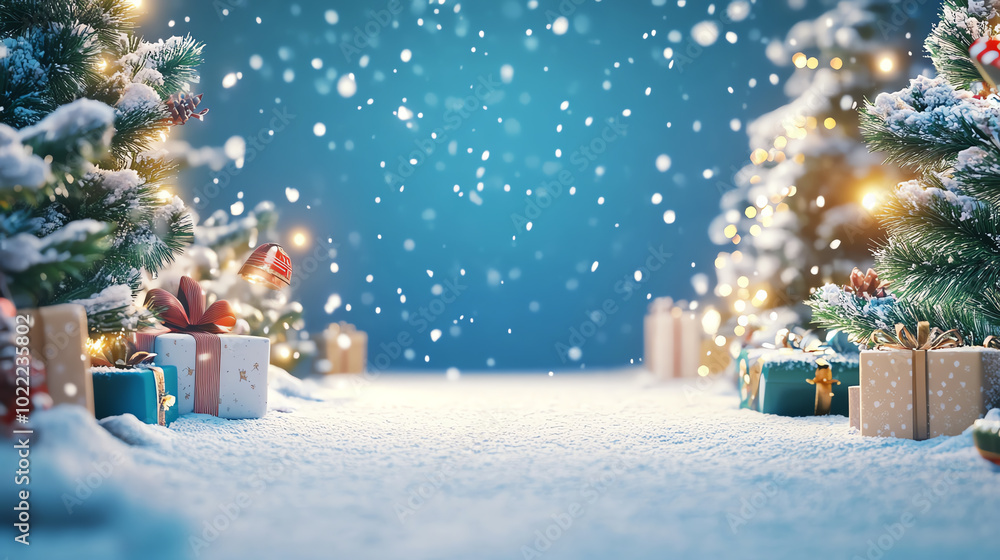 Magical winter scene with festive Christmas trees, beautifully wrapped presents, and gentle snowfall against a serene blue background.