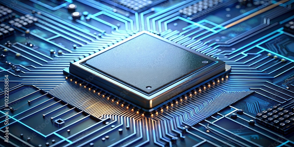 A single processor chip sits nestled in a network of integrated circuits, illuminated by a soft glow A single processor chip sits nestled in a network of integrated circuits, illuminated by a soft glow