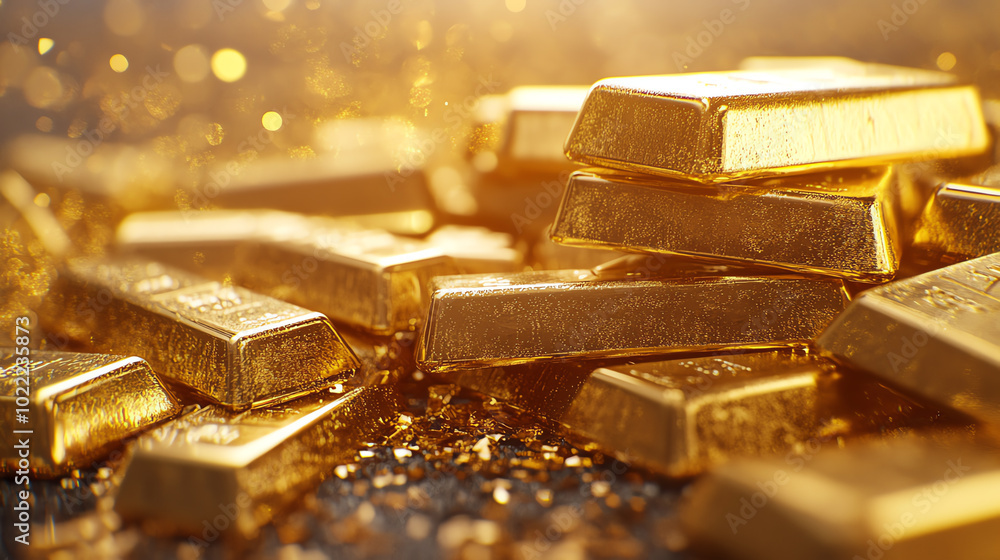 Shiny gold bars stacked on a surface with golden sparkles, representing wealth and luxury in a captivating and vibrant manner. Shiny gold bars stacked on a surface with golden sparkles, representing wealth and luxury in a captivating and vibrant manner.