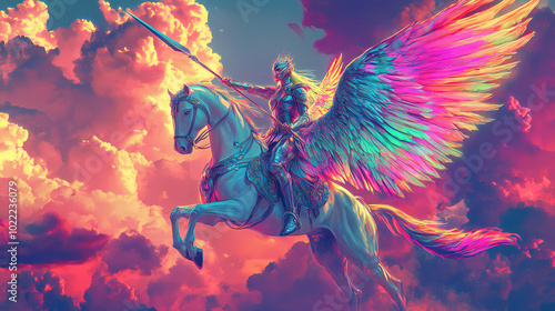 Valkyrie warrior maiden riding winged pegasus wielding spear in vivid synthwave styled digital art. Valkyrie on Wings. Illustration photo