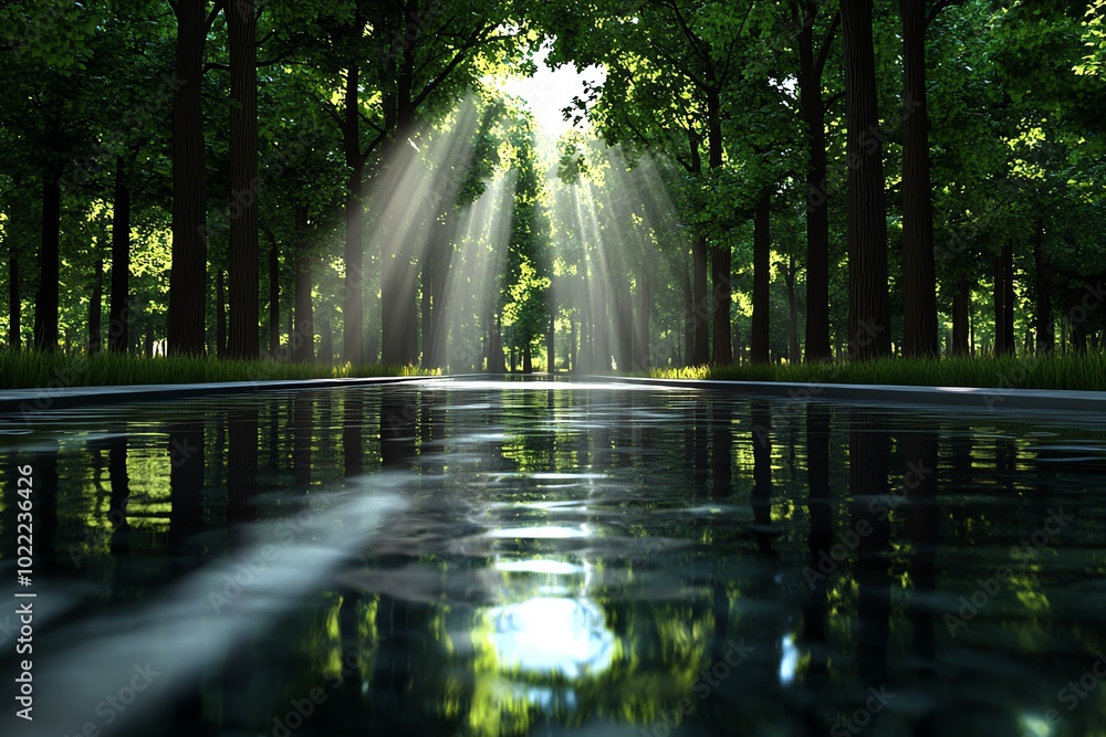 Naklejka premium 3D-rendered depiction of a peaceful forest with sunlight streaming through the trees, creating a serene, digital representation of nature’s beauty, embodying transcendentalist ideals