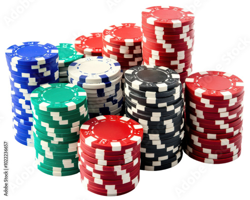 Colorful stacks of poker chips, white isolate background.