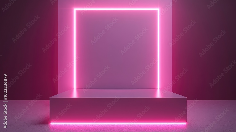 Pink Neon Light Illuminated Platform with Minimalist Background Pink Neon Light Illuminated Platform with Minimalist Background