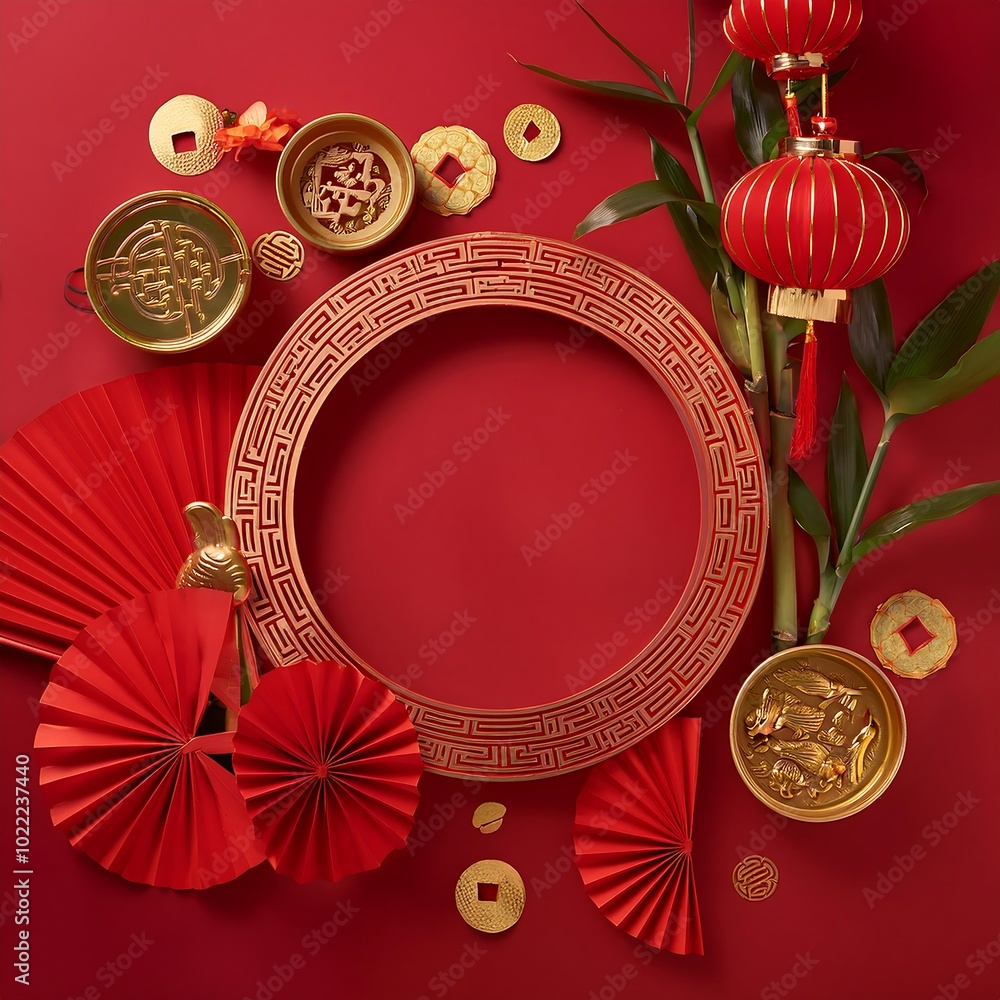 Minimalist Chinese New Year greeting flyer featuring red and gold decorations with symbolic elements. Generative AI Minimalist Chinese New Year greeting flyer featuring red and gold decorations with symbolic elements. Generative AI
