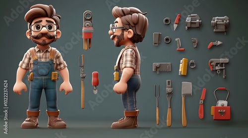 3D illustration of a cartoon handyman with tools.