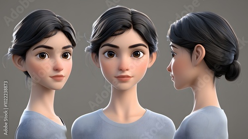3D render of a young woman's head with different angles, featuring brown hair and eyes and a blue shirt.