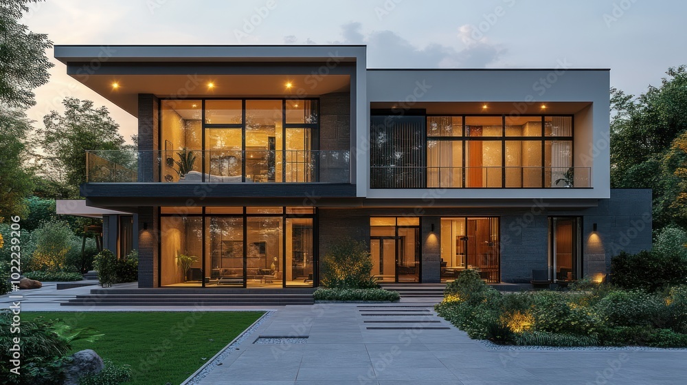 Modern house with large windows and landscaped surroundings. Modern house with large windows and landscaped surroundings.