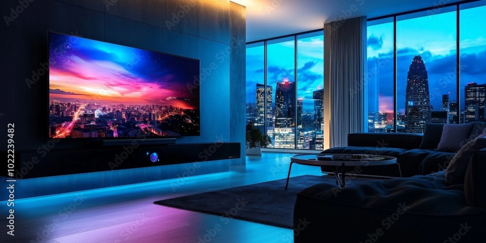 A high-tech modern living room with a large wall-mounted TV, sleek black furniture, and smart lighting, giving a futuristic vibe in a wide-angle panorama A high-tech modern living room with a large wall-mounted TV, sleek black furniture, and smart lighting, giving a futuristic vibe in a wide-angle panorama