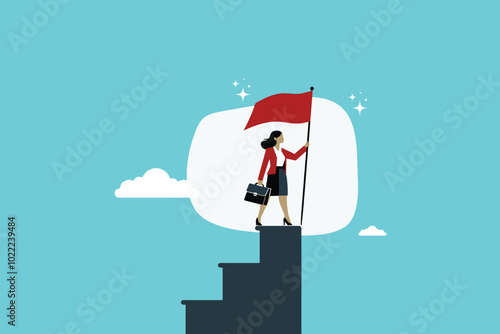 Career woman standing holding victory flag on top of stairs