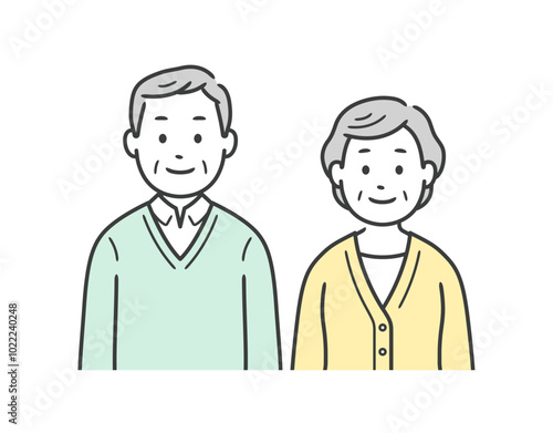高齢男女の夫婦が並んで立っている上半身イラスト

