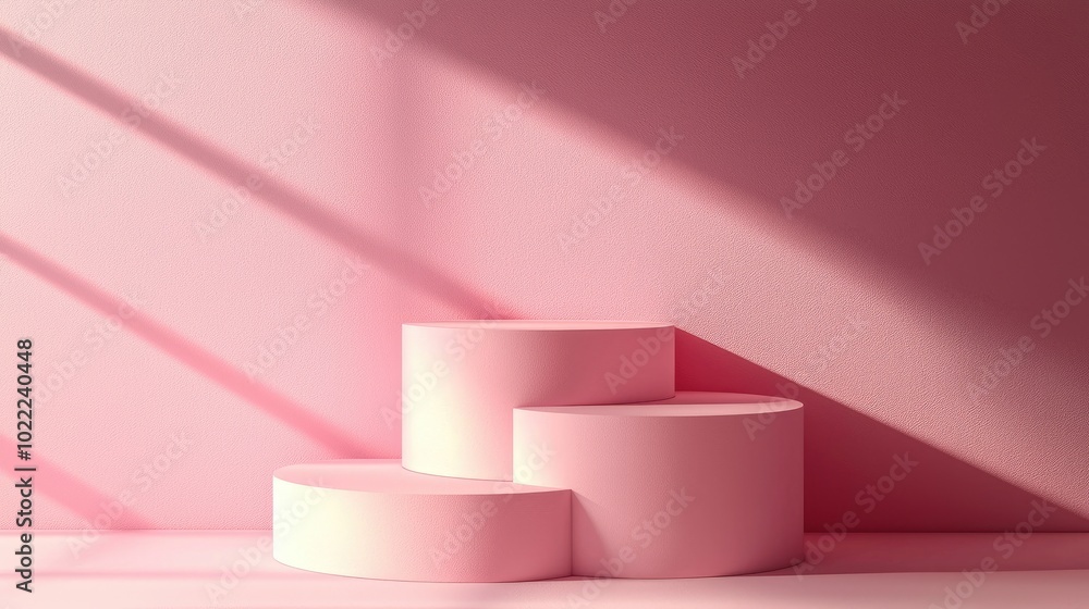 Three Pink Cylindrical Platforms Against a Pink Textured Wall with Diagonal Sunlight Shadows Three Pink Cylindrical Platforms Against a Pink Textured Wall with Diagonal Sunlight Shadows