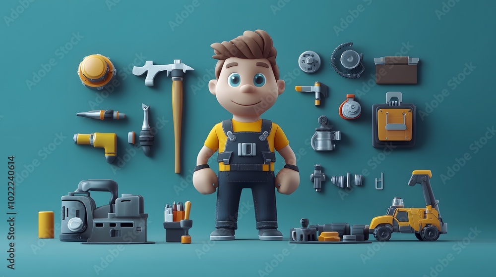 Fototapeta premium A 3D cartoon illustration of a happy handyman surrounded by tools.