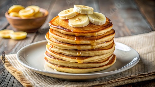 A Towering Stack of Buttery Pancakes Drizzled with Golden Syrup and Topped with Sweet Banana Slices on a Rustic Wooden Table