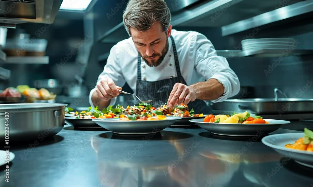 Chef meticulously plating gourmet dishes in a modern kitchen. Chef meticulously plating gourmet dishes in a modern kitchen.