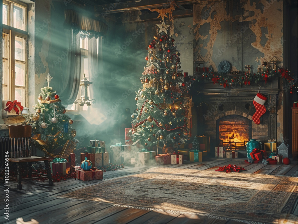 The room is decorated with New Year's and Christmas decorations. There is a Christmas tree decorated with Christmas toys. New Year's and Christmas colors. The feeling of a holiday. The room is decorated with New Year's and Christmas decorations. There is a Christmas tree decorated with Christmas toys. New Year's and Christmas colors. The feeling of a holiday.