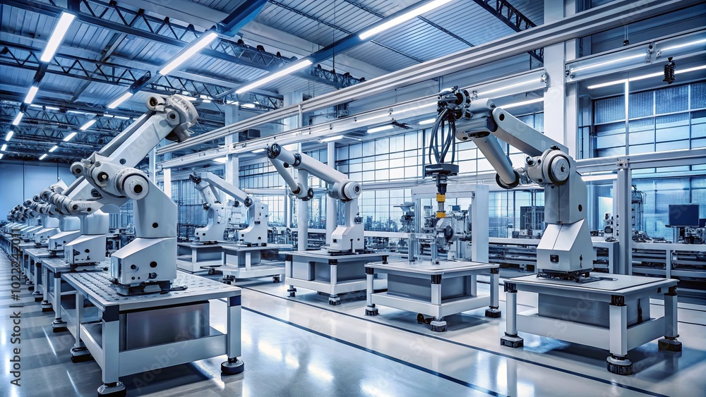 A Row of Industrial Robots in a Modern Factory Setting, with their Articulated Arms poised for Precision Tasks A Row of Industrial Robots in a Modern Factory Setting, with their Articulated Arms poised for Precision Tasks
