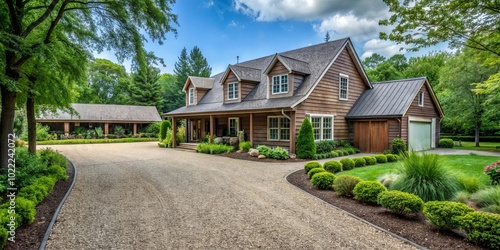 A wooden house with a gravel driveway and a well-maintained lawn, surrounded by lush greenery and trees