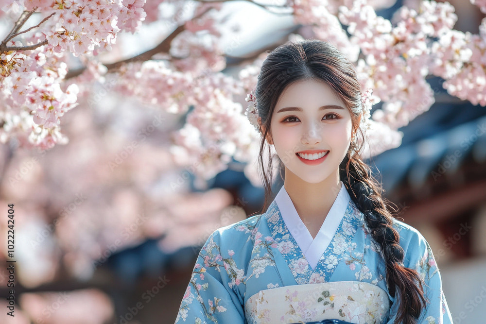 Arabian woman smile wearing traditional korean hanbok cloth in cherry blossom Arabian woman smile wearing traditional korean hanbok cloth in cherry blossom