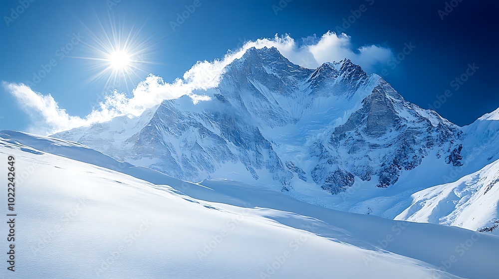 Majestic snow-capped mountain peak with a bright sun shining in a clear blue sky. Majestic snow-capped mountain peak with a bright sun shining in a clear blue sky.