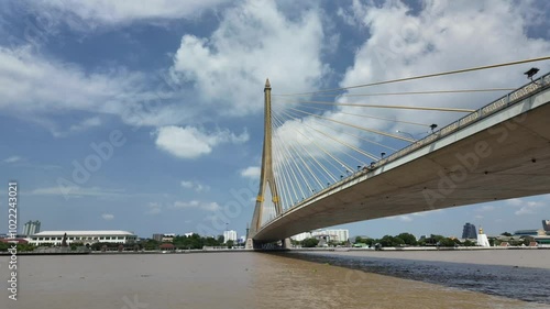 bangkok architecture travel city river bridge sky siam night cloudy asia outdoor modern rama viii bridge thailand river moving urban capital city construction famous travel engineer destination dusk  photo