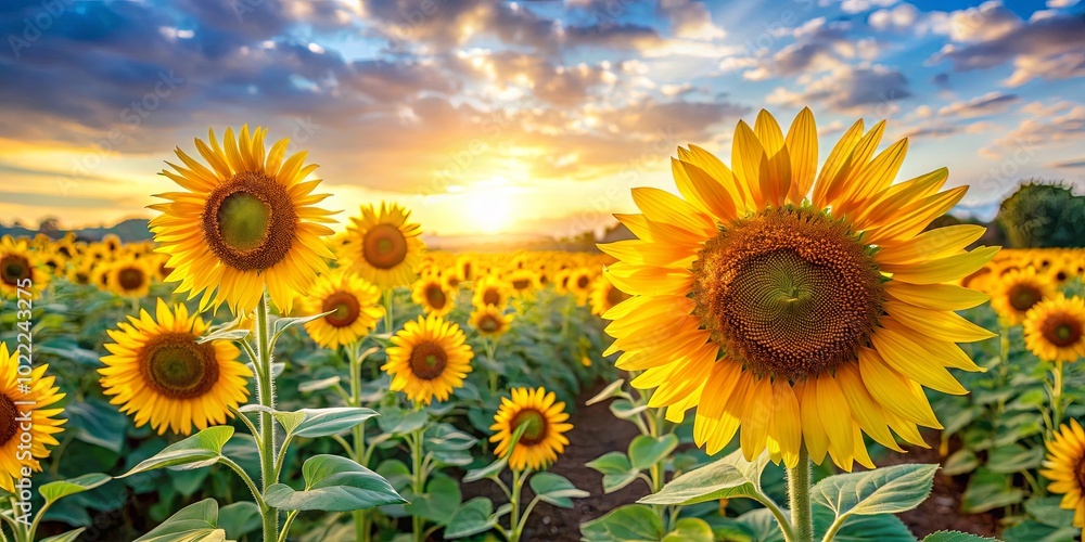 Obraz premium Golden Sunflowers Bathed in the Warm Glow of the Setting Sun, a Serene Landscape of Nature's Beauty