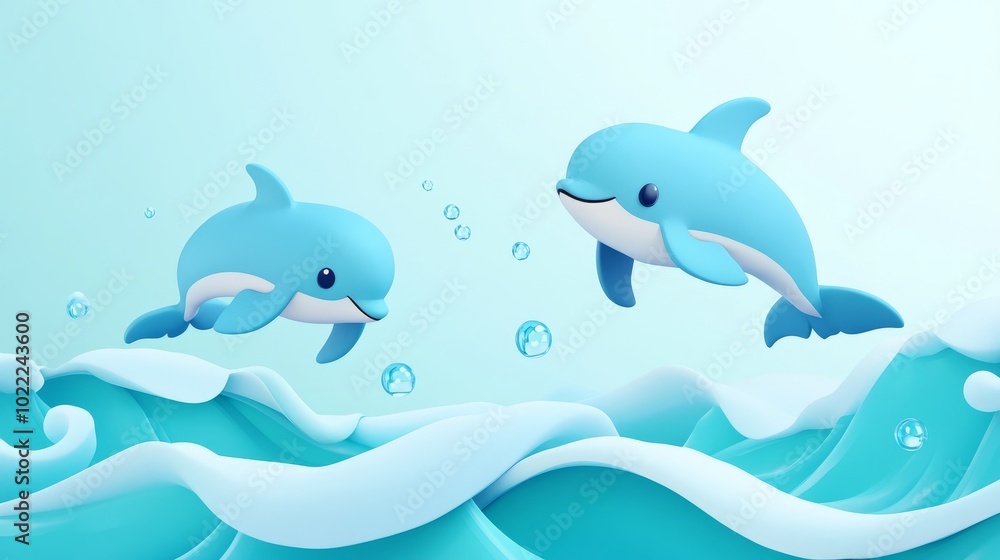 Cute Cartoon Dolphins in Playful Ocean Waves Cute Cartoon Dolphins in Playful Ocean Waves