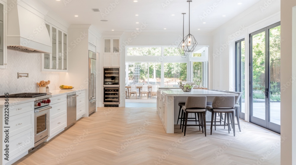 Fototapeta premium A bright, open-concept kitchen with sleek white cabinetry and polished herringbone parquet flooring.