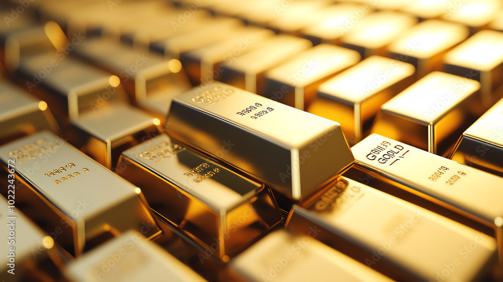 A collection of shiny gold ingots stacked together, showcasing their luxurious appearance and finance-related significance. A collection of shiny gold ingots stacked together, showcasing their luxurious appearance and finance-related significance.