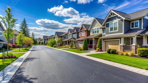 A picturesque suburban street lined with houses, showcasing lush green lawns, vibrant foliage, and a paved road that stretches into the distance.