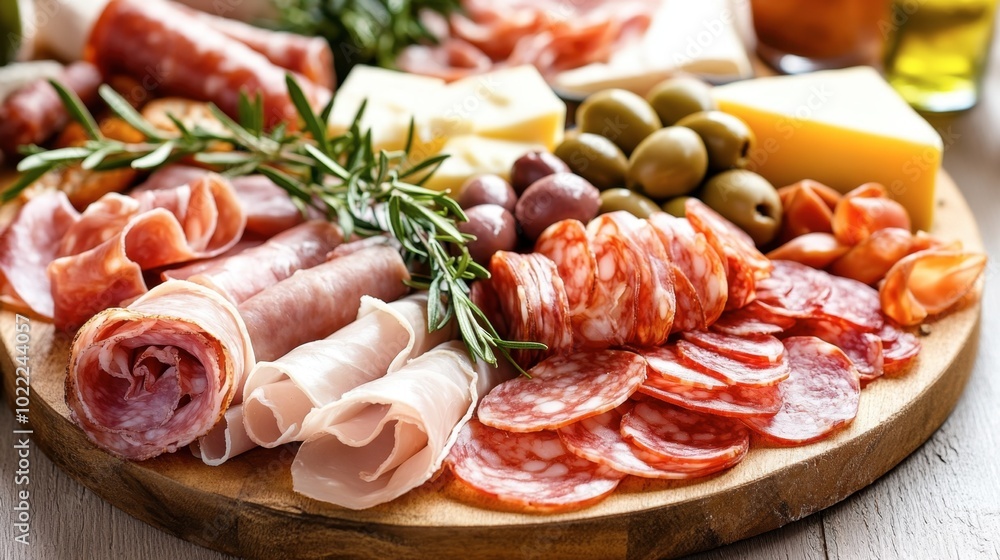 A charcuterie board filled with ham sausage, prosciutto, olives, cheese, and crackers, arranged elegantly for a party or gathering. A charcuterie board filled with ham sausage, prosciutto, olives, cheese, and crackers, arranged elegantly for a party or gathering.