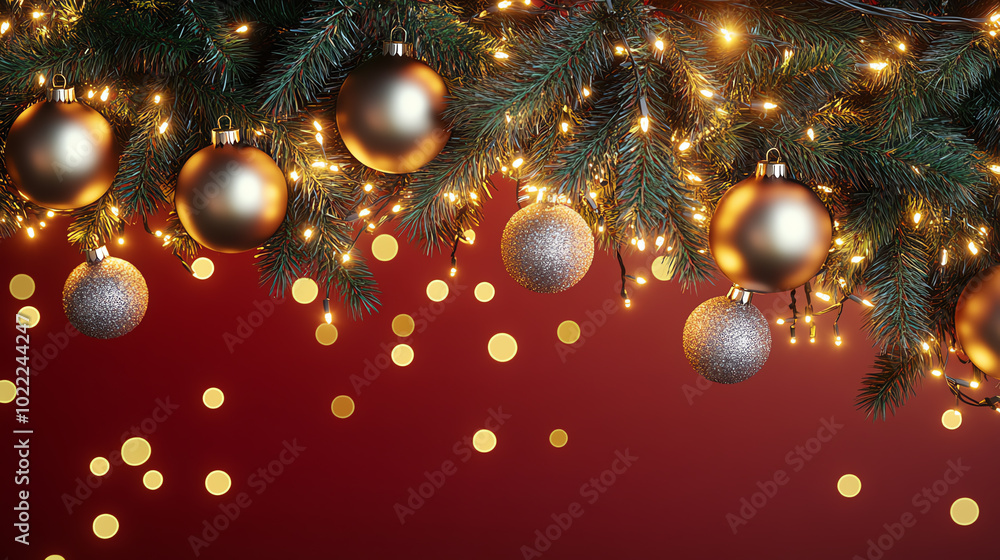 Festive Christmas decorations with shiny ornaments and sparkling lights against a vibrant red background, creating a warm holiday atmosphere. Festive Christmas decorations with shiny ornaments and sparkling lights against a vibrant red background, creating a warm holiday atmosphere.