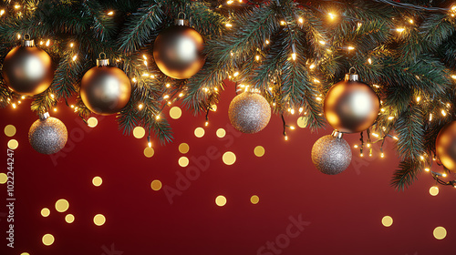 Festive Christmas decorations with shiny ornaments and sparkling lights against a vibrant red background, creating a warm holiday atmosphere.