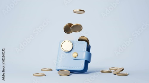 An animation of a wallet spitting out coins against a blue background,3D rendering
