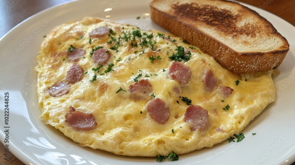 A classic ham sausage and cheese omelette, garnished with fresh parsley, served on a white plate with toast on the side. A classic ham sausage and cheese omelette, garnished with fresh parsley, served on a white plate with toast on the side.