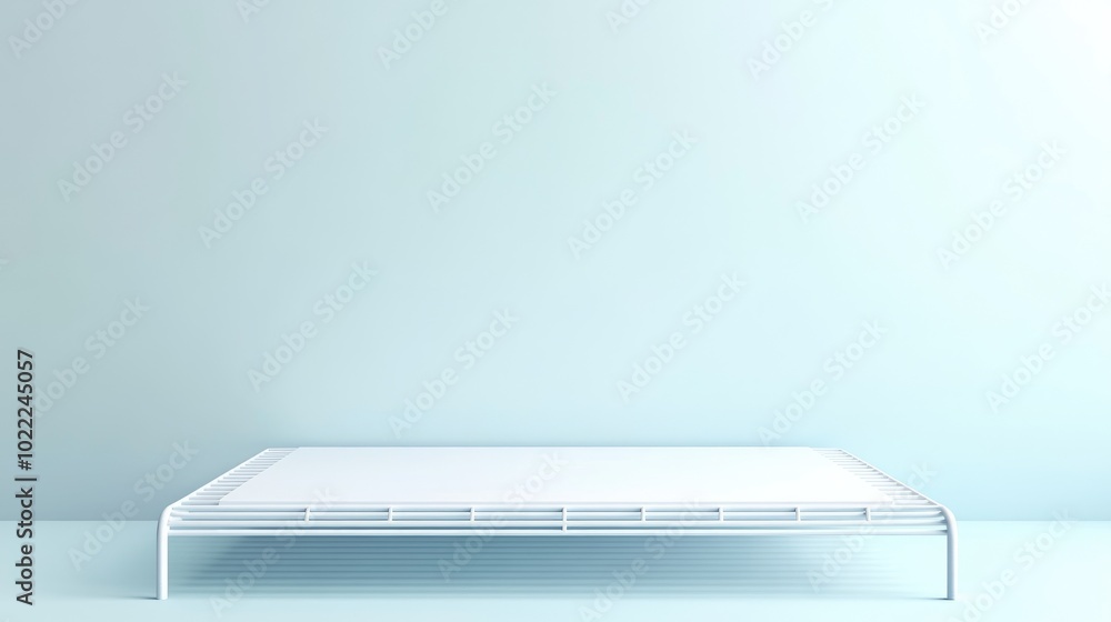 White Metal Platform Bed Frame Against a Blue Wall White Metal Platform Bed Frame Against a Blue Wall