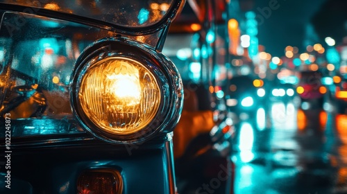 A close-up of a tuk-tuk unique headlight design, with a reflection of the city lights creating an artistic perspective.