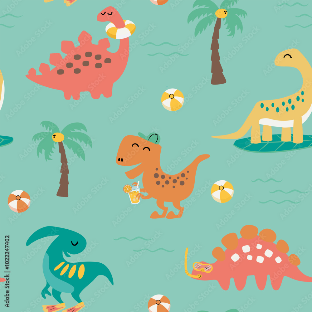 Naklejka premium Dinosaurs at sea seamless pattern. Cute cartoon Dinos with lifebuoy, surfboard, fins, palm, ball, ice cream, and lemonade in flat style.
