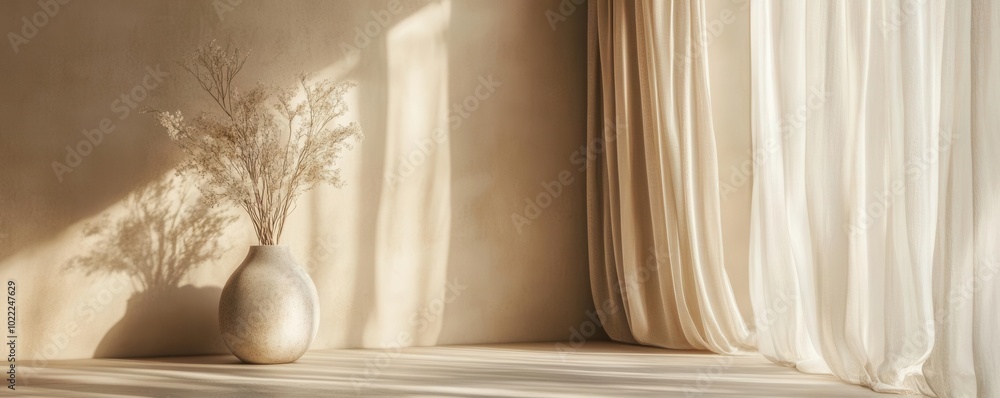 Elegant beige room with neutraltoned curtains, a small decorative vase, and soft natural light, creating a peaceful environment Elegant beige room with neutraltoned curtains, a small decorative vase, and soft natural light, creating a peaceful environment