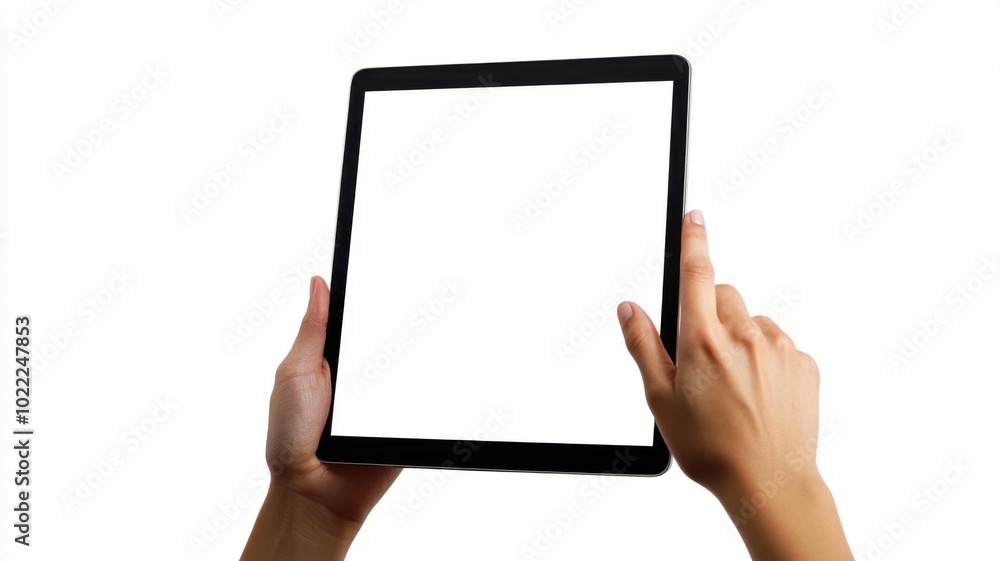 Hands holding a blank tablet with a white screen, fingers positioned for tapping, against a white backdrop Hands holding a blank tablet with a white screen, fingers positioned for tapping, against a white backdrop