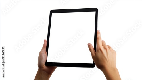 Hands holding a blank tablet with a white screen, fingers positioned for tapping, against a white backdrop