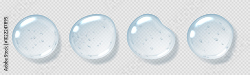 Serum drops, clear gel droplets, realistic glossy liquid, moisturizing cosmetic product, hyaluronic acid concept. Vector illustration.