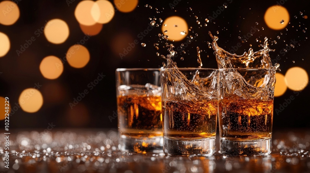 Splashing Tequila Shots in Glasses with Bokeh Lights Party Drink Concept Splashing Tequila Shots in Glasses with Bokeh Lights Party Drink Concept