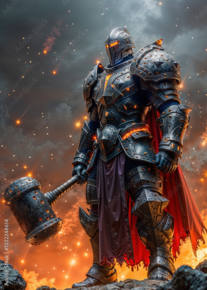 Fototapeta premium Epic Armored Warrior with War Hammer in Fiery Battle Scene