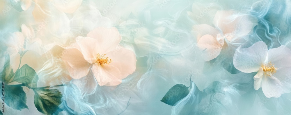 Soft pastel flowers and leaves flowing in an abstract manner across a pale canvas, evoking a sense of calm and serenity Soft pastel flowers and leaves flowing in an abstract manner across a pale canvas, evoking a sense of calm and serenity
