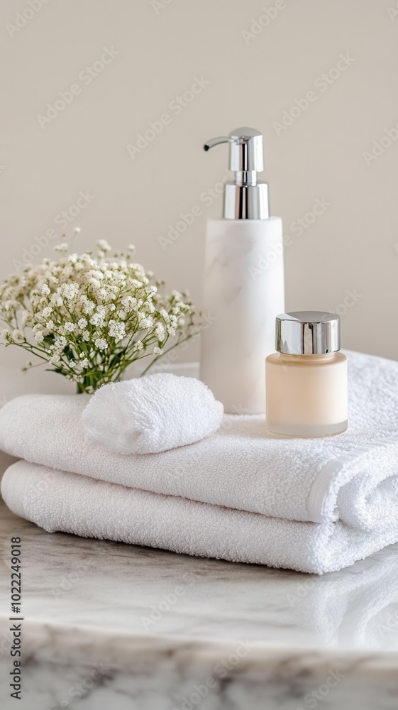 A simple, elegant bathroom scene, with a lotion bottle, fresh towels, and a small flower arrangement on a marble surface A simple, elegant bathroom scene, with a lotion bottle, fresh towels, and a small flower arrangement on a marble surface